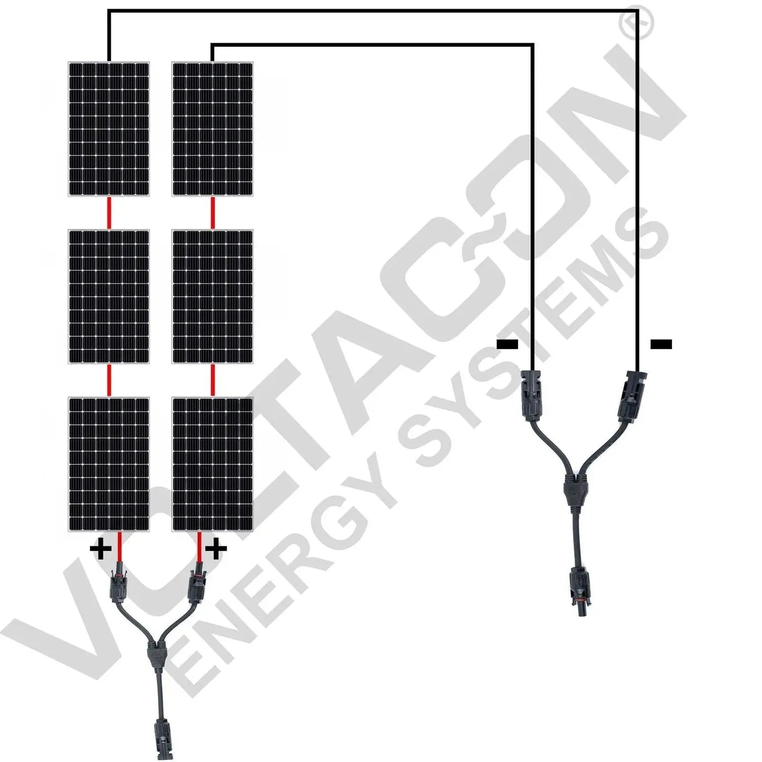 Six solar panels arranged in three rows connected with red and black cables to Y-shaped connector splitters below.