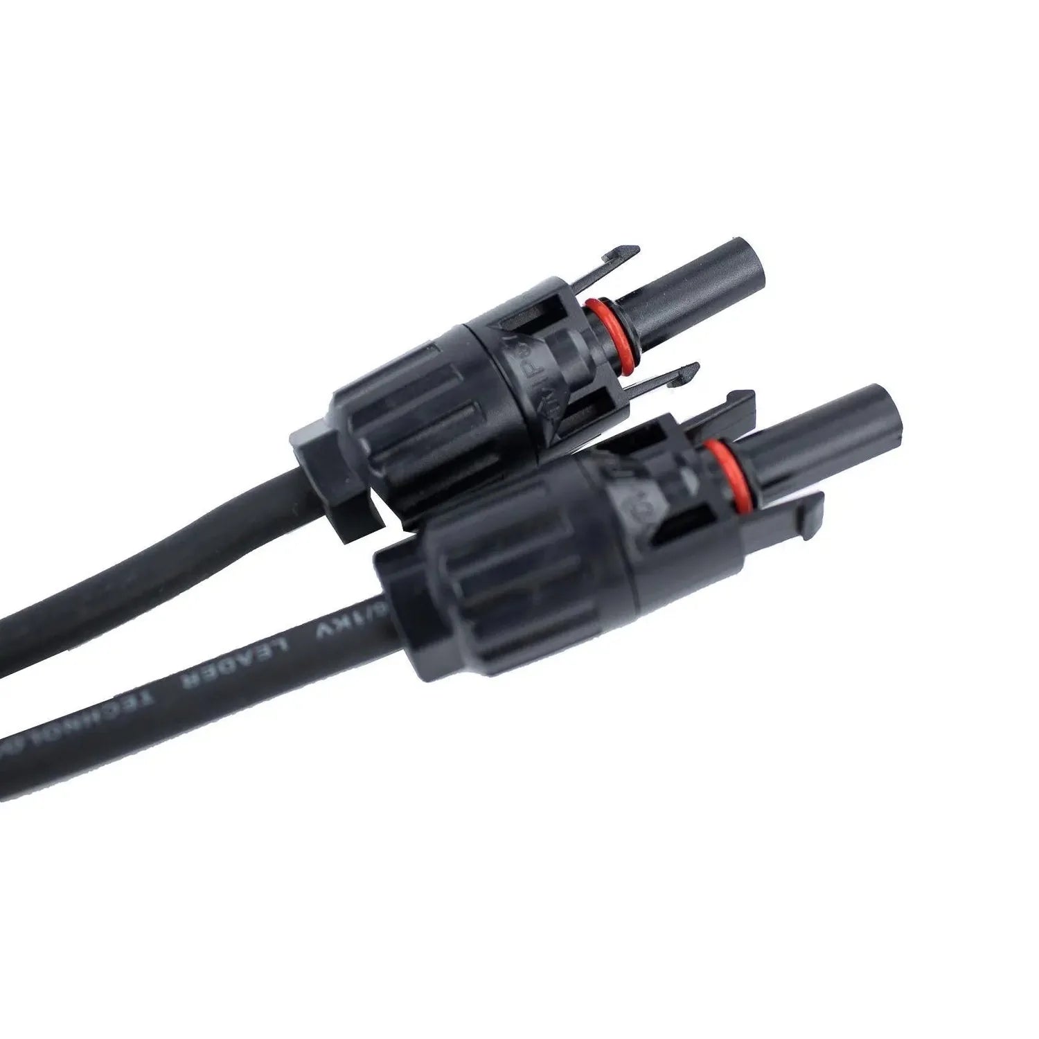 Two black solar panel Y branch splitter connectors with red seals on black cable, product shot on white background.