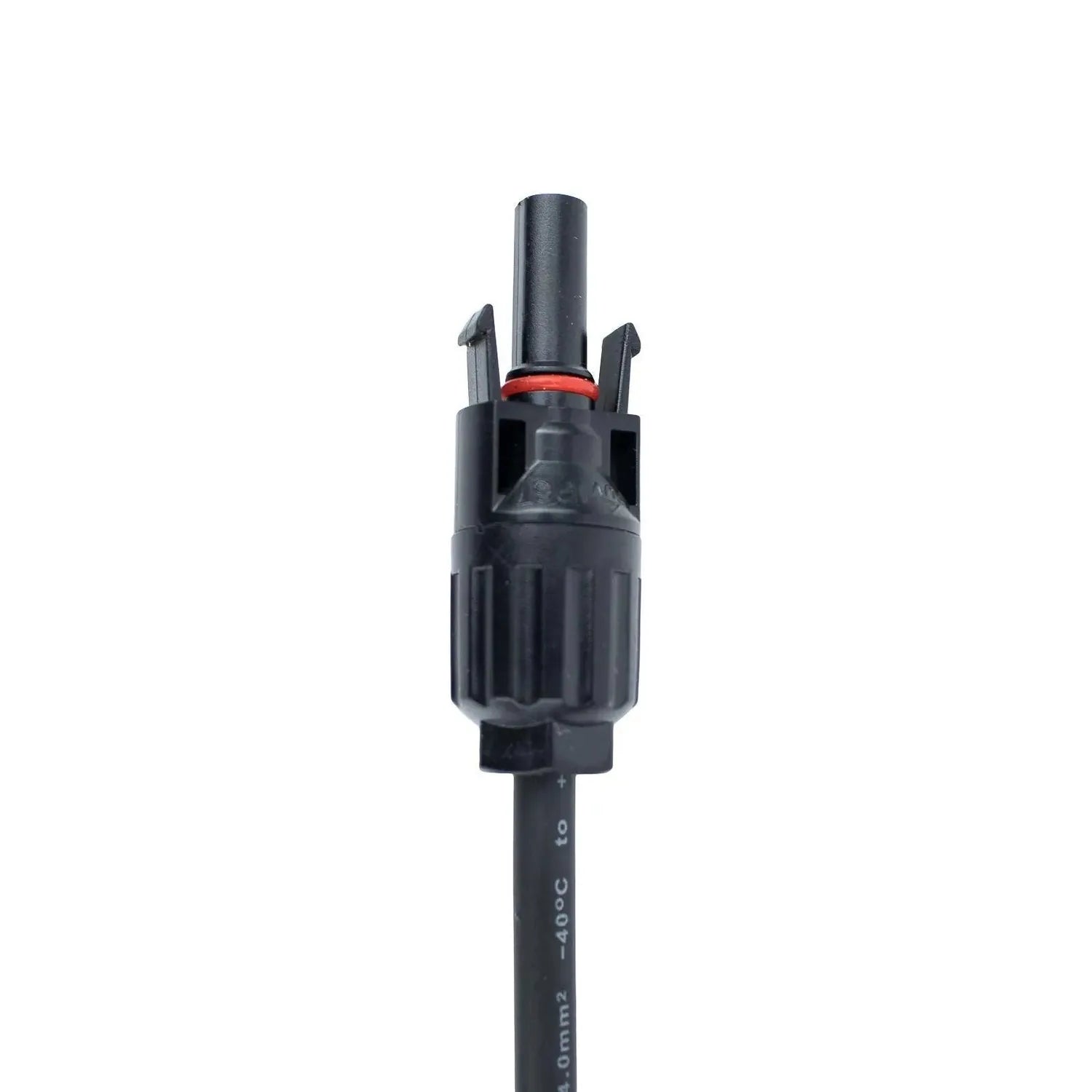 Black solar connector with red band, male plug end with two contact prongs visible, cable labeled 4mm² -40°C, product shot on