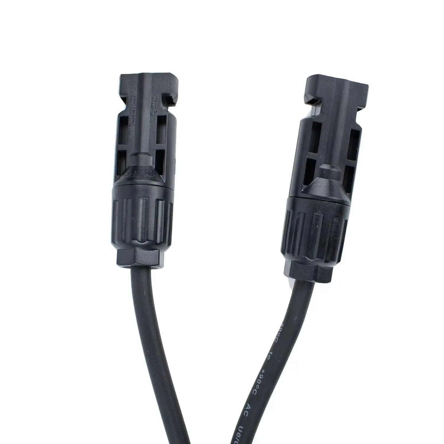 Black solar panel Y branch splitter connector with two male connectors attached to black cable, shown against white backgroun