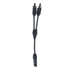 Black Y-shaped solar panel splitter connector with dual male connectors at top and single female connector at bottom, IP67 ra
