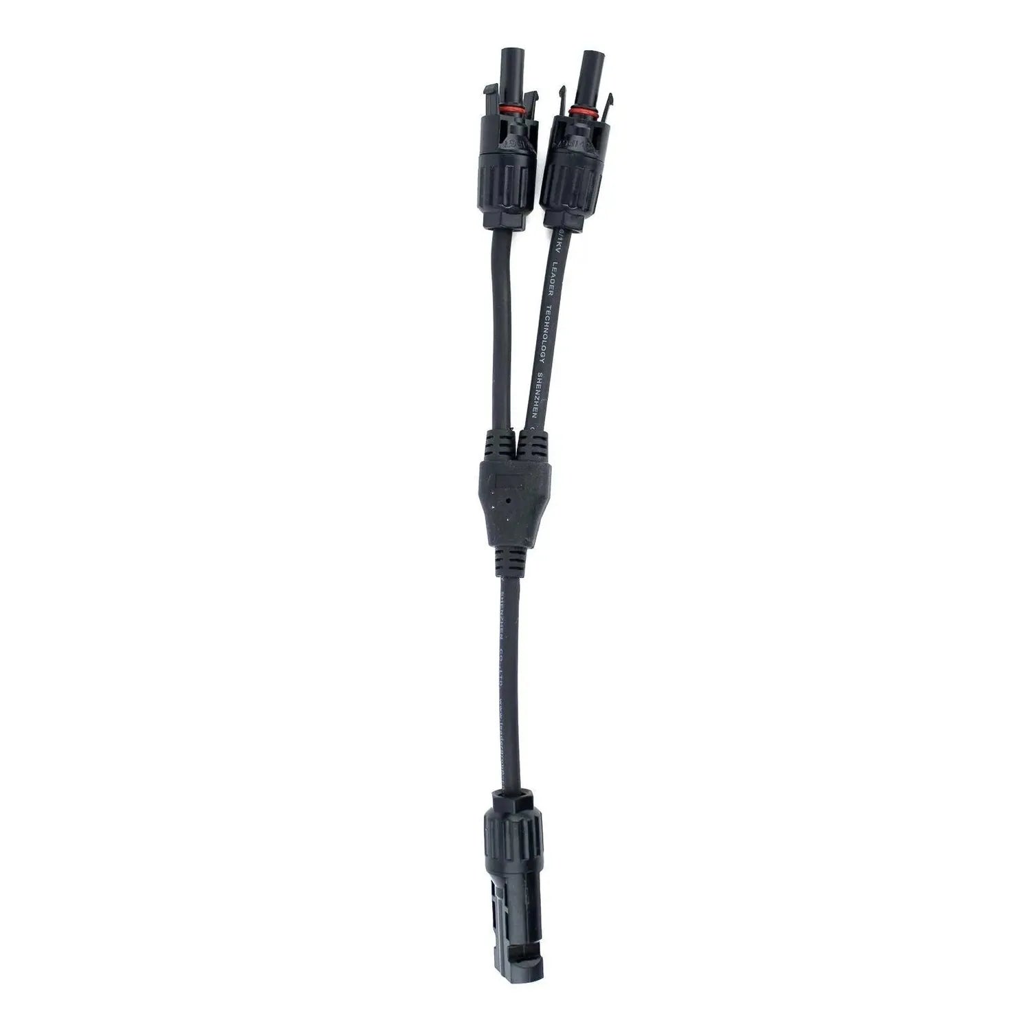 Black Y-shaped solar panel splitter connector with dual male connectors at top and single female connector at bottom, IP67 ra