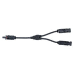 Black Y-shaped solar panel connector cable with three MC4-style connectors, displayed against white background.