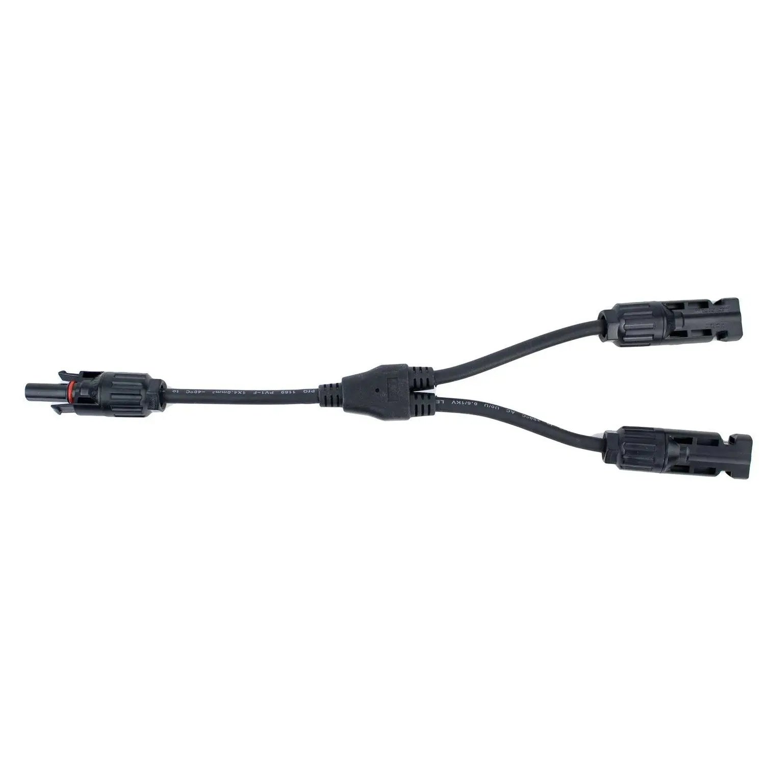 Black Y-shaped solar panel connector cable with three MC4-style connectors, displayed against white background.