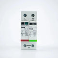 Gawé PST-40 dual-module surge protector with red and green indicator bands, mounted on DIN rail with L and N terminal connect