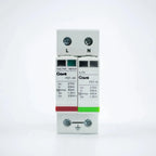 Gawé PST-40 dual-module surge protector with red and green indicator bands, mounted on DIN rail with L and N terminal connect