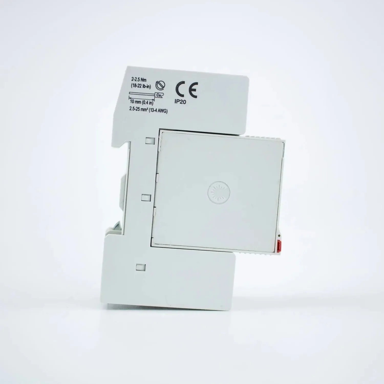 White modular surge protector with open access panel showing internal components and CE IP20 certification label on top.