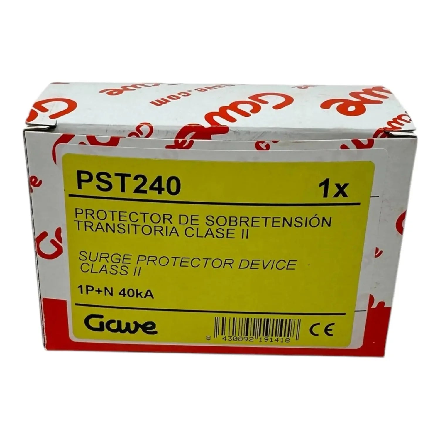 PST240 surge protector device Class II 1P+N 40kA in yellow and red packaging by GAVE Electro.
