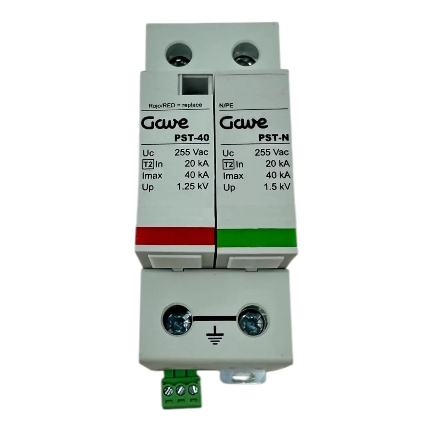 Gäwe PST-40 and PST-N dual-module surge protector with red and green indicators mounted on DIN rail with terminal block.
