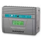 Mastervolt MPPT Solar ChargeMaster 25 with gray ribbed housing, turquoise control panel, and green LCD display showing charge