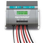 Mastervolt MPPT Solar Chargemaster 25 with green LCD display showing charging status and six control buttons, connected with 