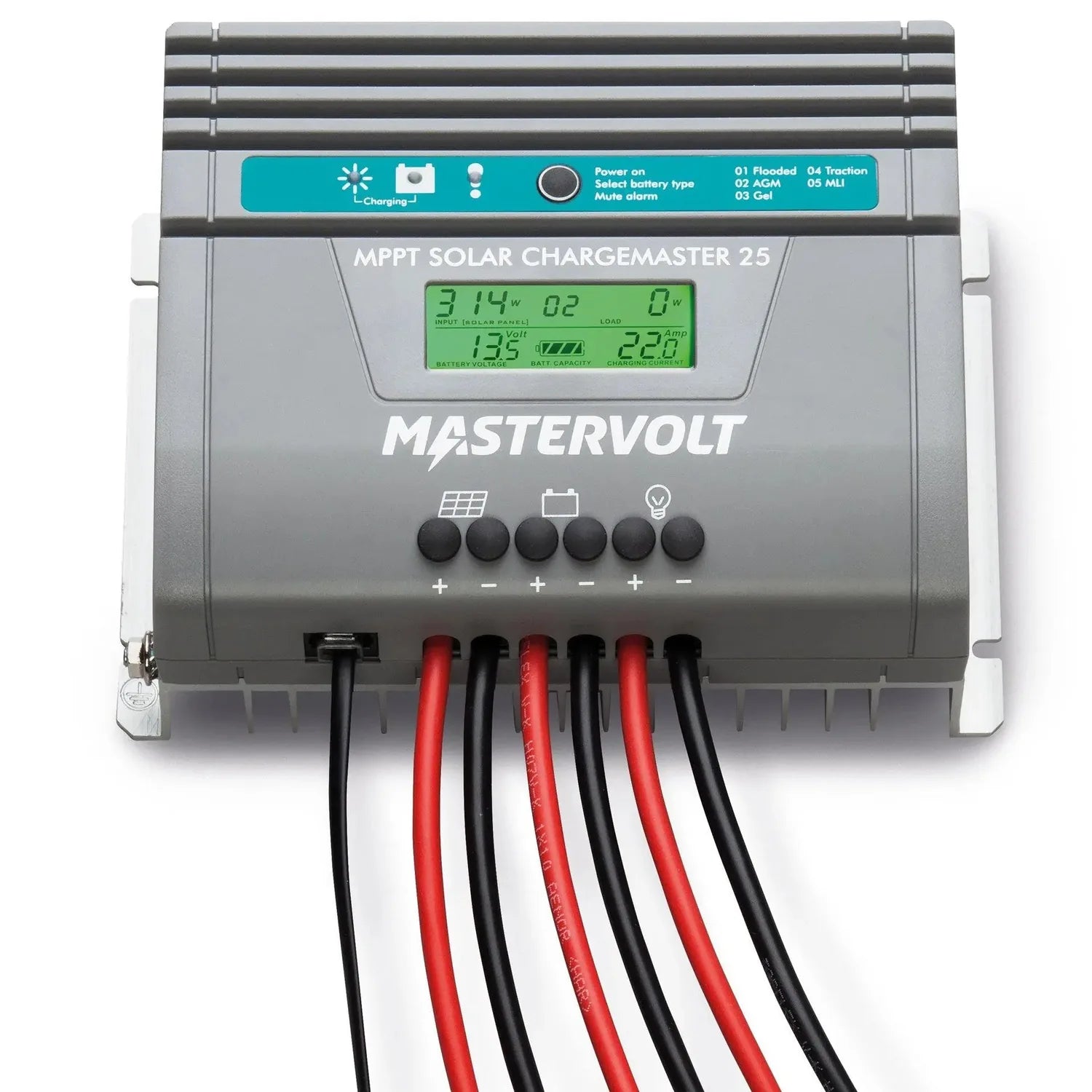 Mastervolt MPPT Solar Chargemaster 25 with green LCD display showing charging status and six control buttons, connected with 