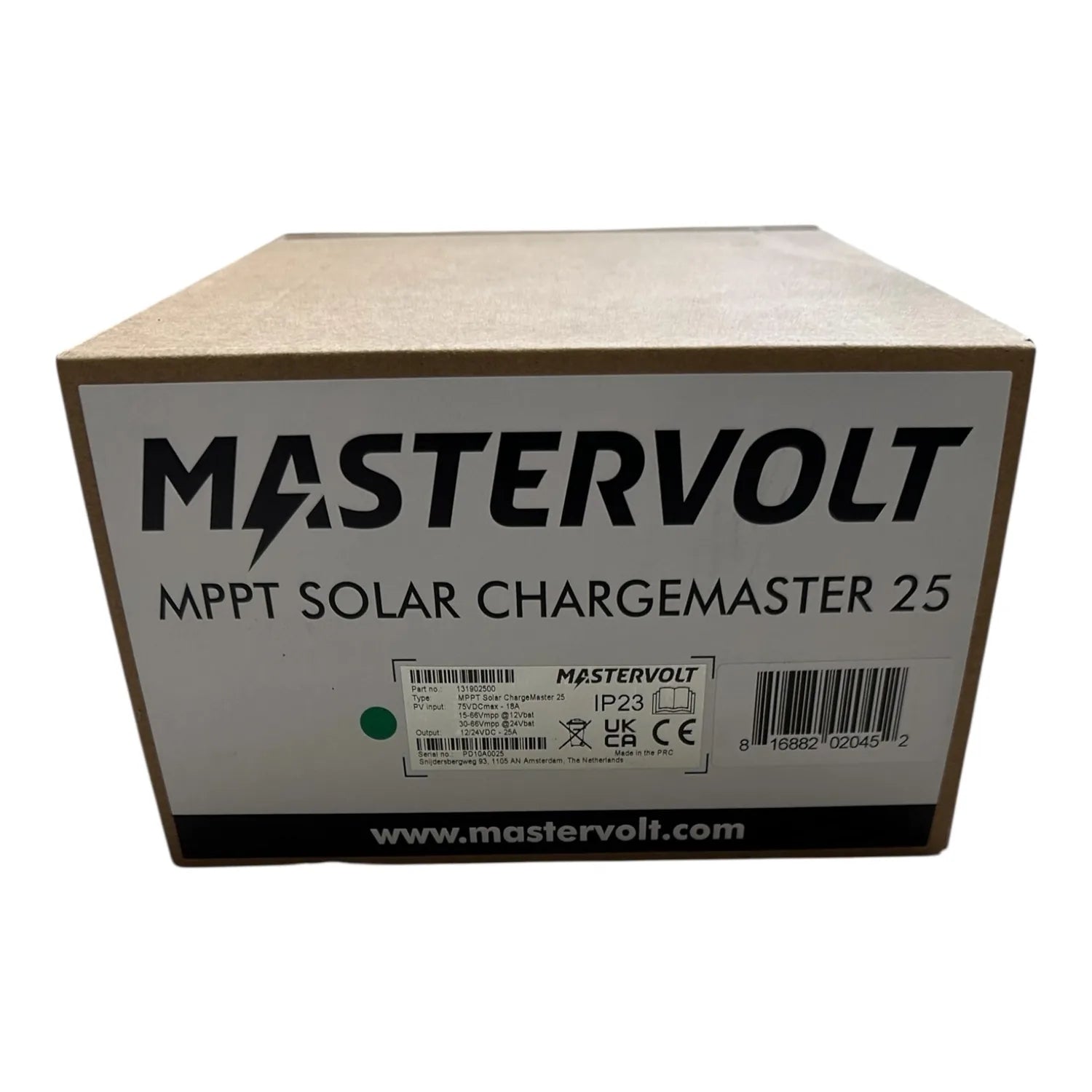 Mastervolt MPPT Solar Chargemaster 25 product packaging box with specifications label visible.