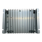 Mastervolt SCM25 solar charger front view showing aluminum heat sink fins and mounting brackets.