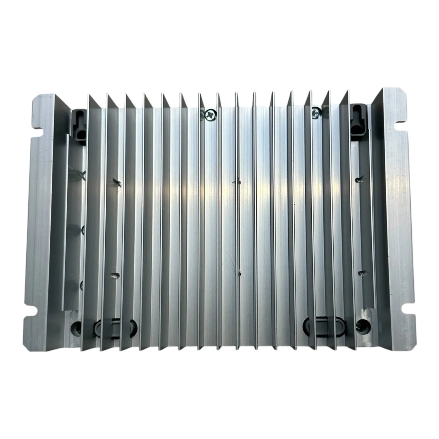 Mastervolt SCM25 solar charger front view showing aluminum heat sink fins and mounting brackets.