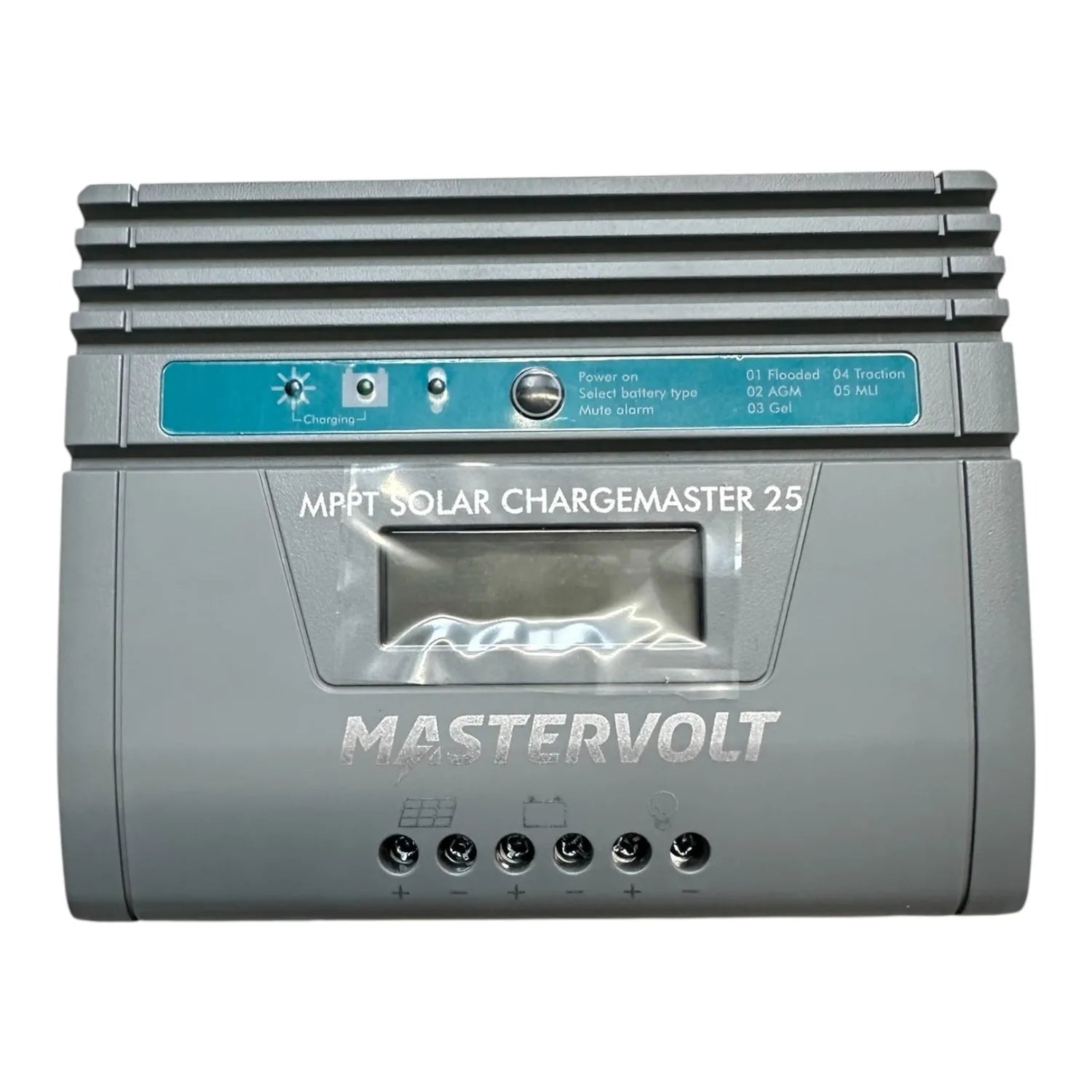 Mastervolt MPPT Solar Chargemaster 25 battery charger with blue control panel and display screen, front view.