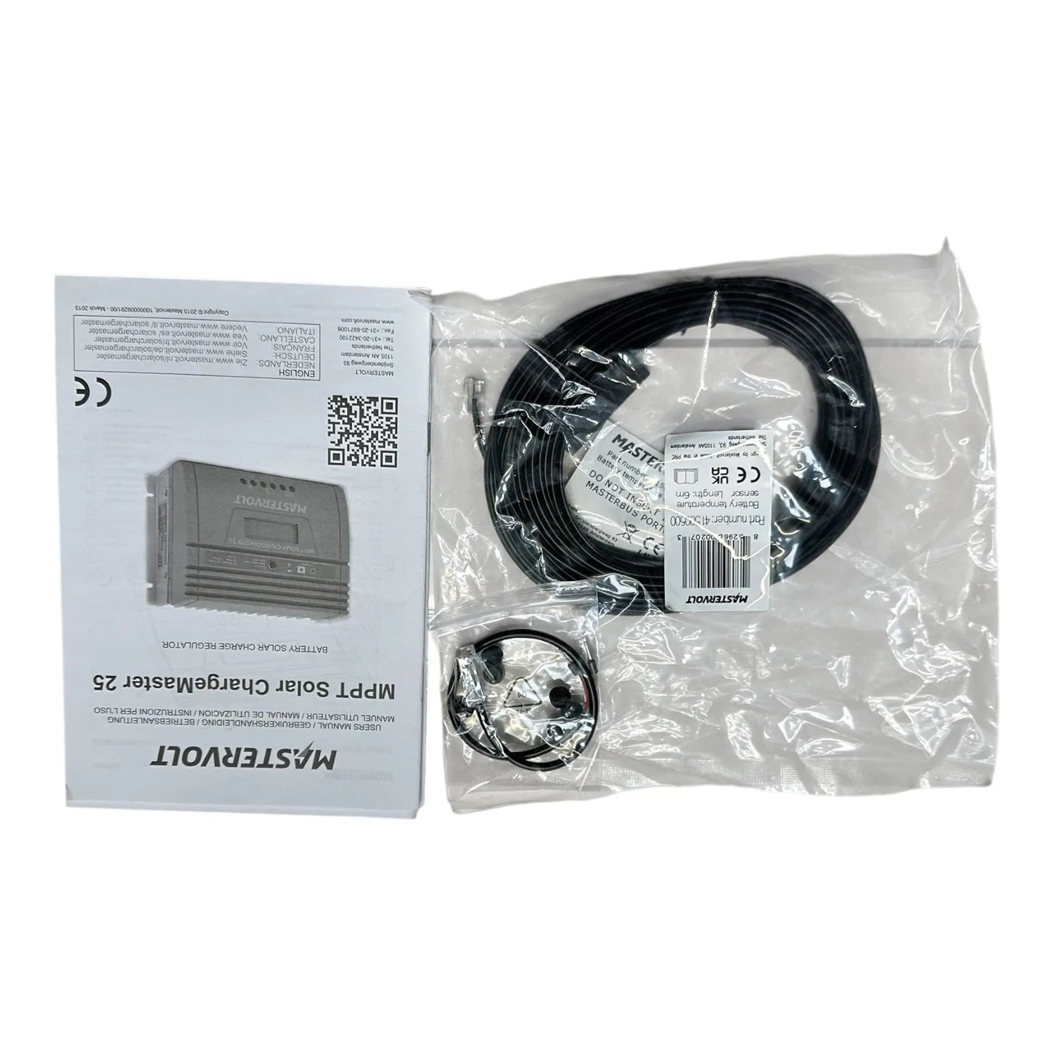 Mastervolt SCM25 solar charger with manual and coiled black cables in plastic packaging.