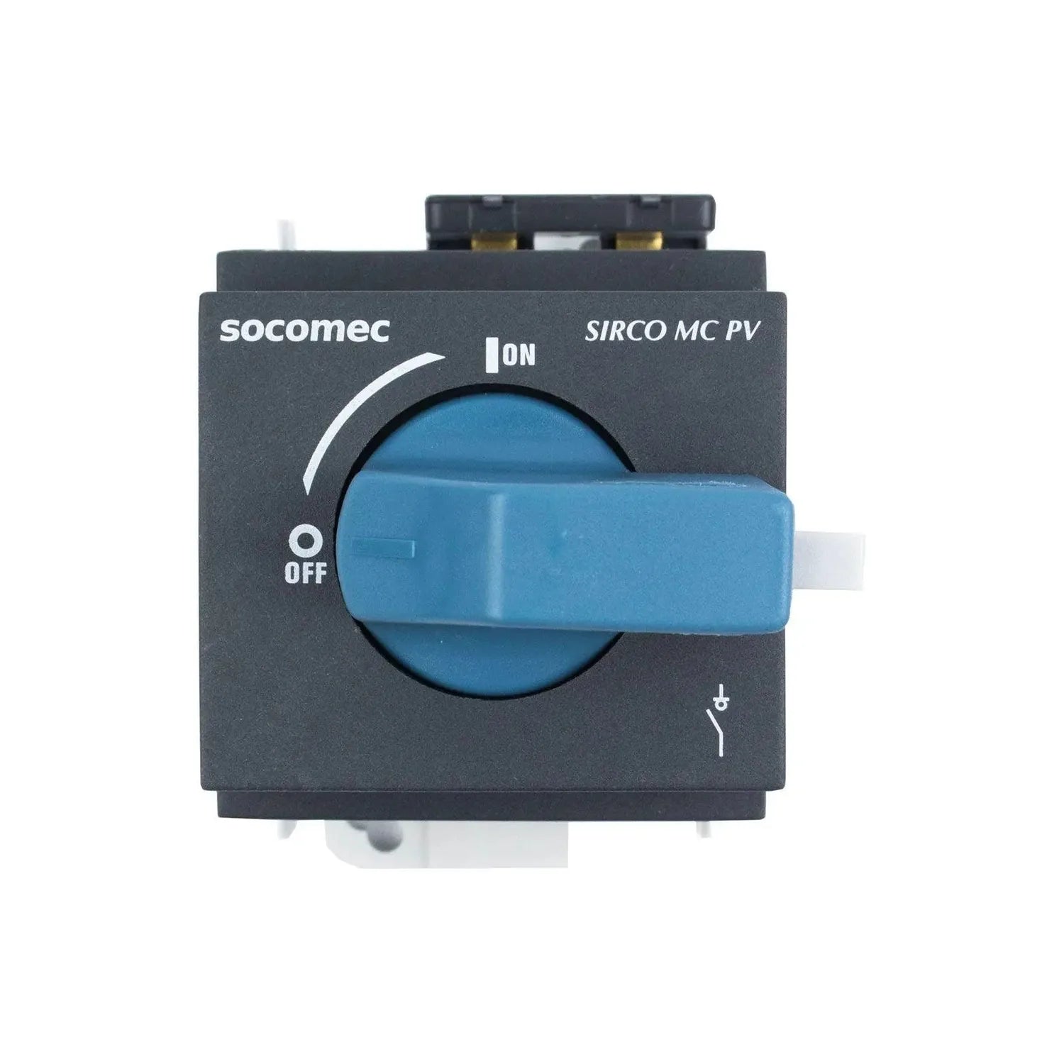 Socomec Sirco MC PV DC isolator switch with blue lever handle in OFF position, front product view.