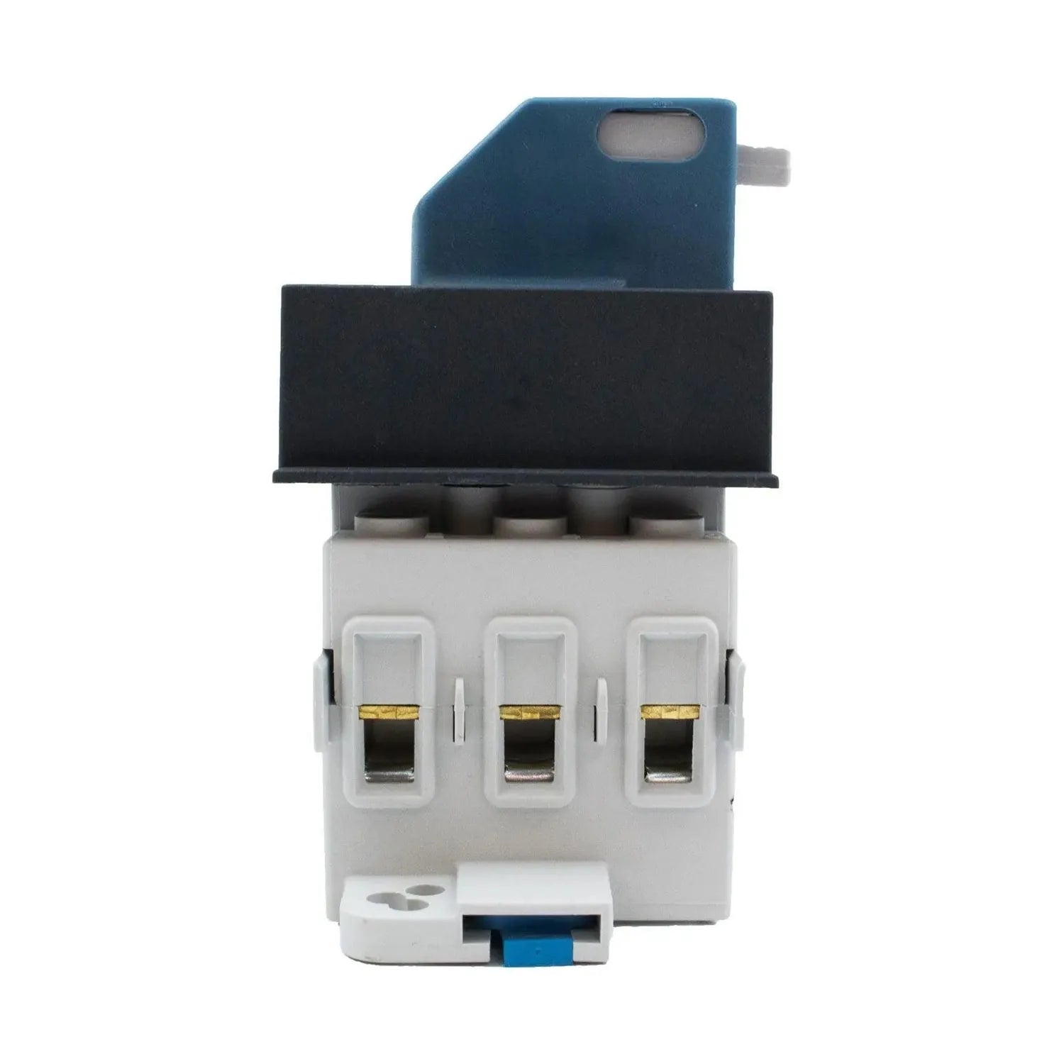 Socomec Sirco MV PV 40A DC isolator switch with three gold-plated terminals, blue handle, and blue trip lever, shown as produ