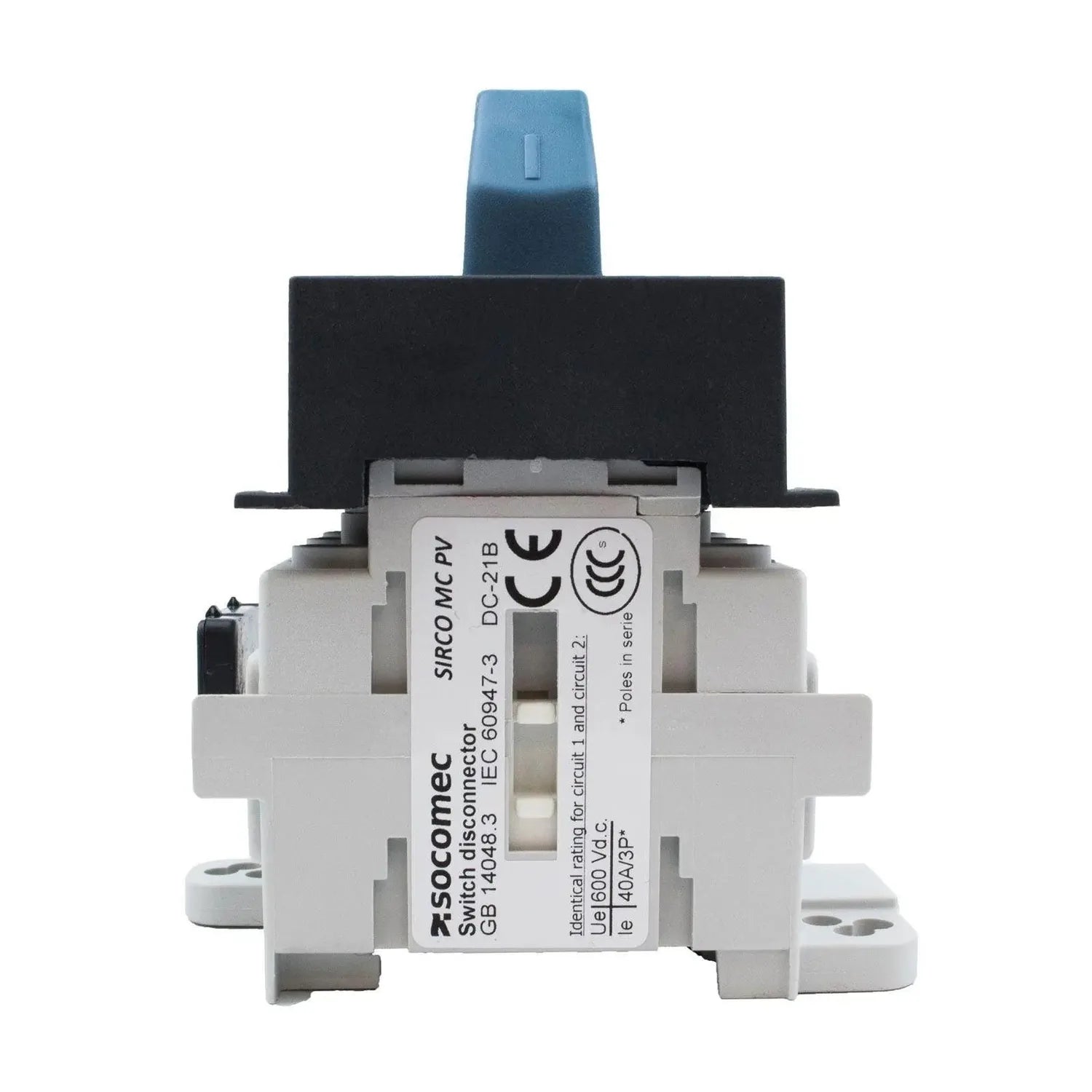 Socomec Sirco MCV DC isolator switch with blue toggle handle and white body, front view showing product label and specificati