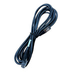 Coiled dark blue RJ45 communication cable with labeled connectors at each end, product alone on white background.
