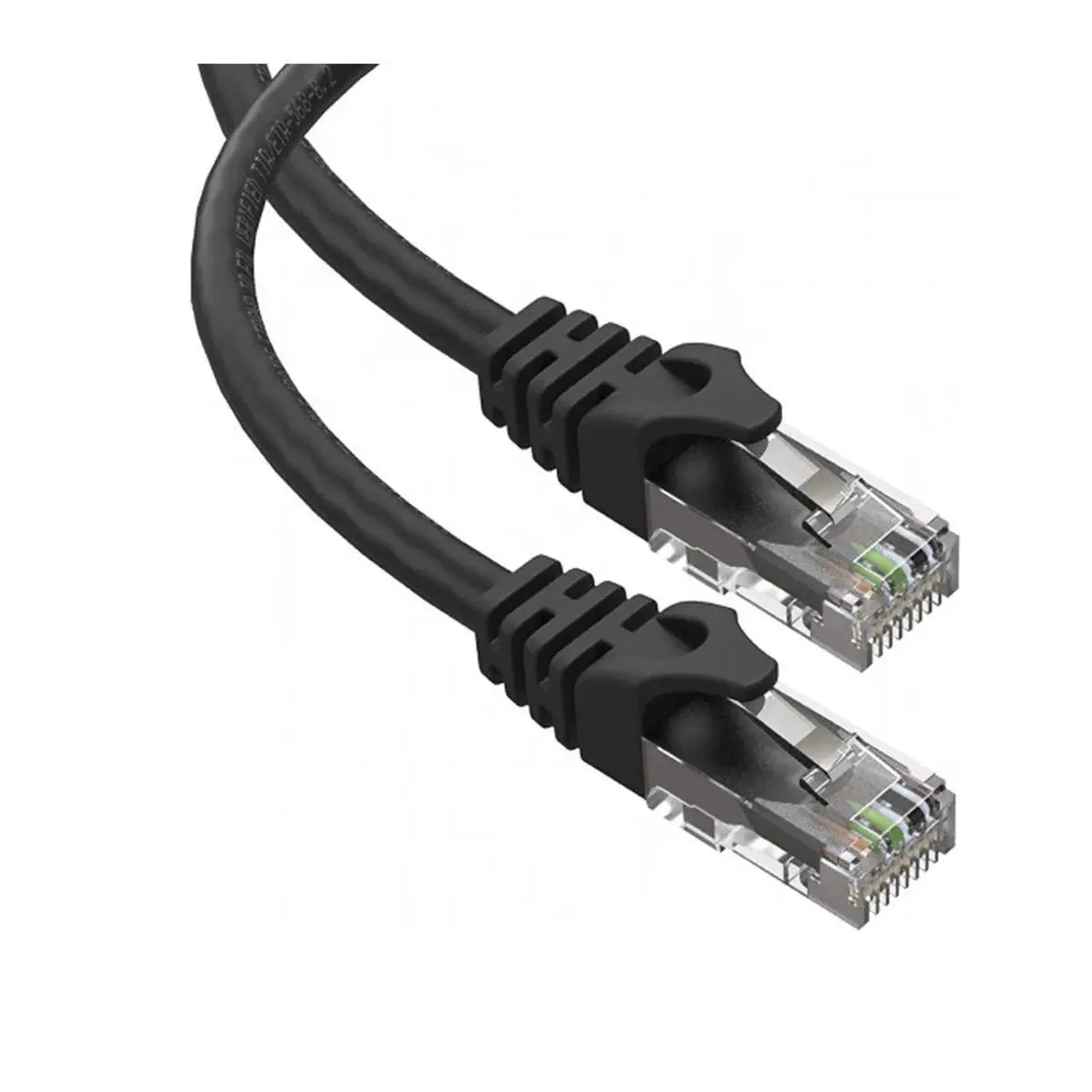 Black RJ45 communication cable with molded connectors and strain relief boots, product shot on white background.