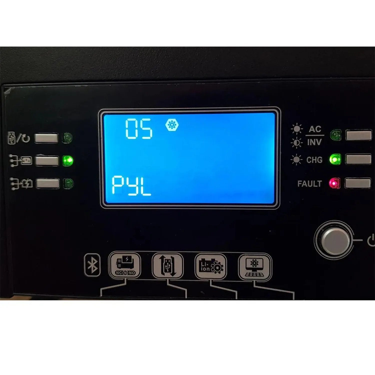 BMS control panel display screen showing "05" and "P4L" status with AC, INV, CHG, and FAULT indicator lights, communication c