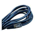Coiled blue RJ45 communication cable with black connector ends against white background.