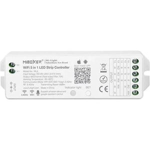 MiBoxer WL5 WiFi LED strip controller, white rectangular device with terminal connectors on right side and control buttons.