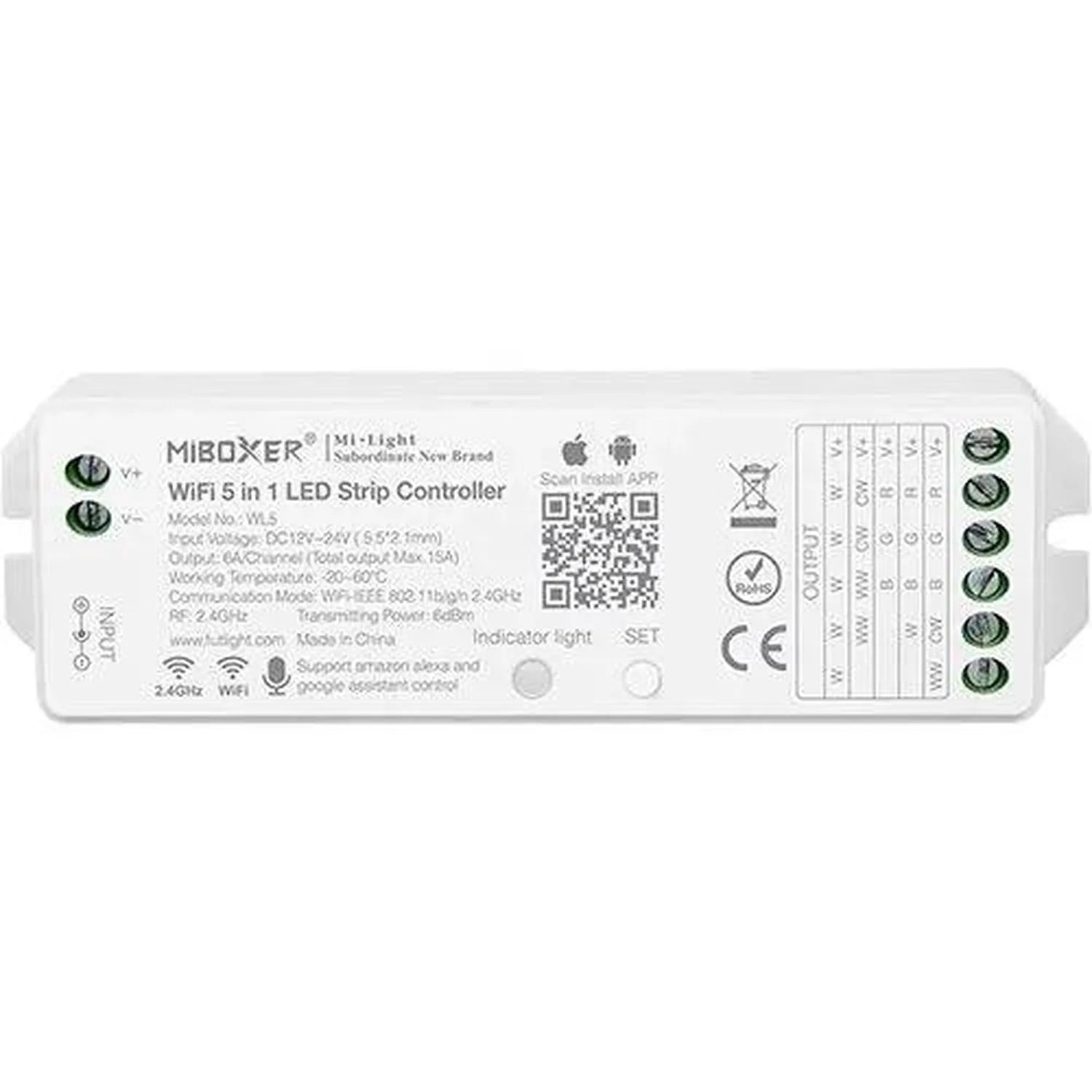 MiBoxer WL5 WiFi LED strip controller, white rectangular device with terminal connectors on right side and control buttons.