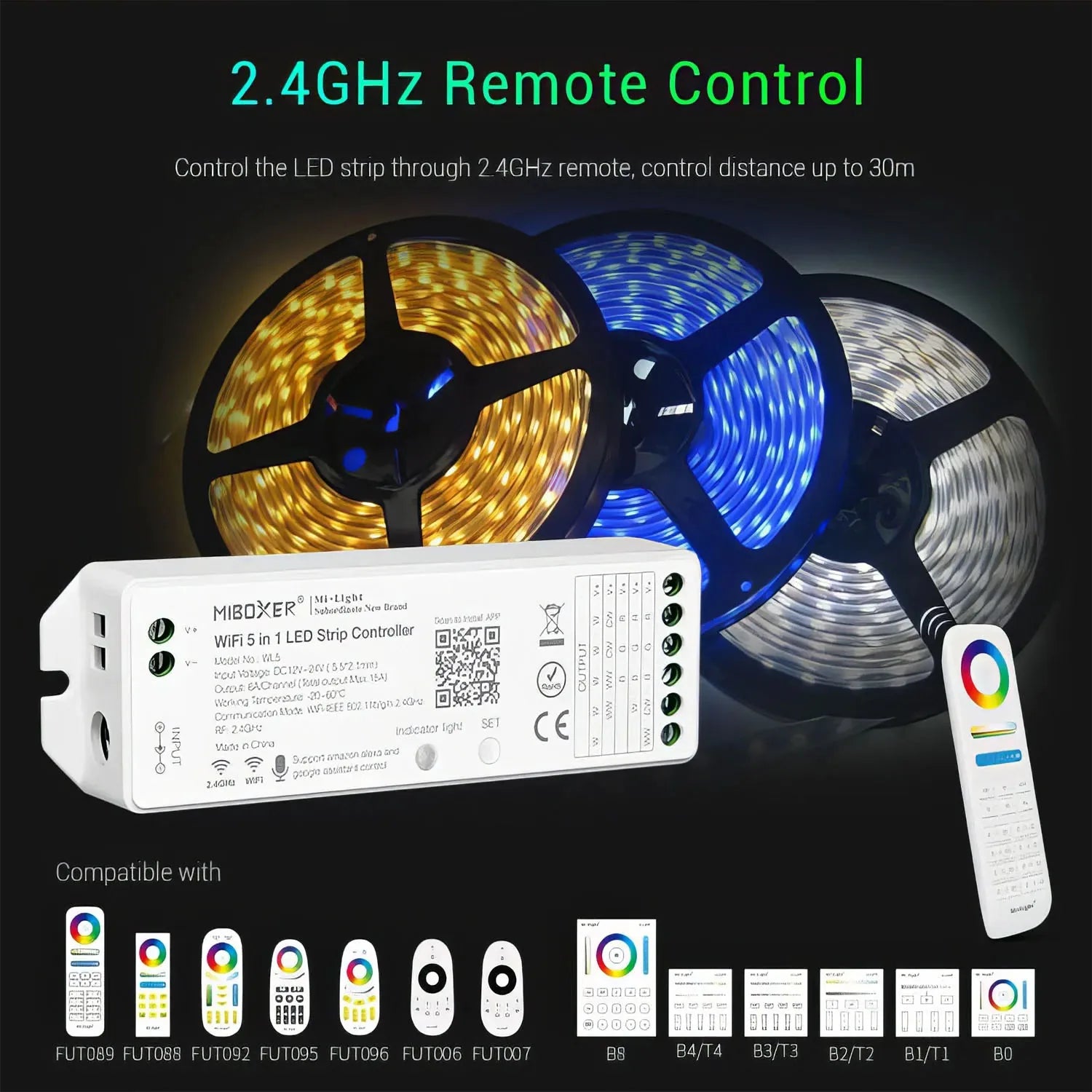 MiBoxer WL5 WiFi LED strip controller with three illuminated RGB+CCT LED strips displaying warm white, blue, and cool white c