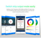 MiBoxer WL5 controller app interface showing brightness, color temperature, RGB, RGBW, and RGB+CCT output mode selection on s