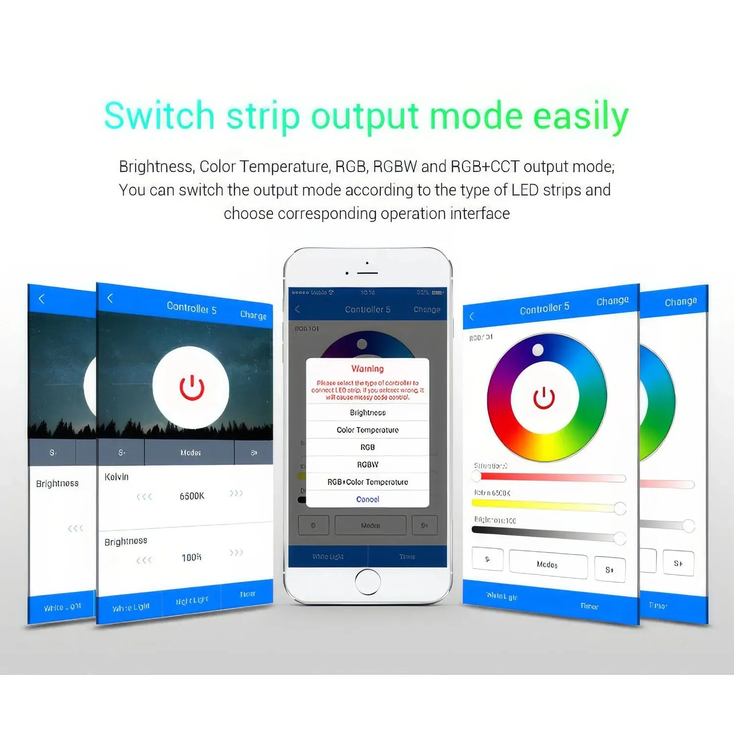 MiBoxer WL5 controller app interface showing brightness, color temperature, RGB, RGBW, and RGB+CCT output mode selection on s