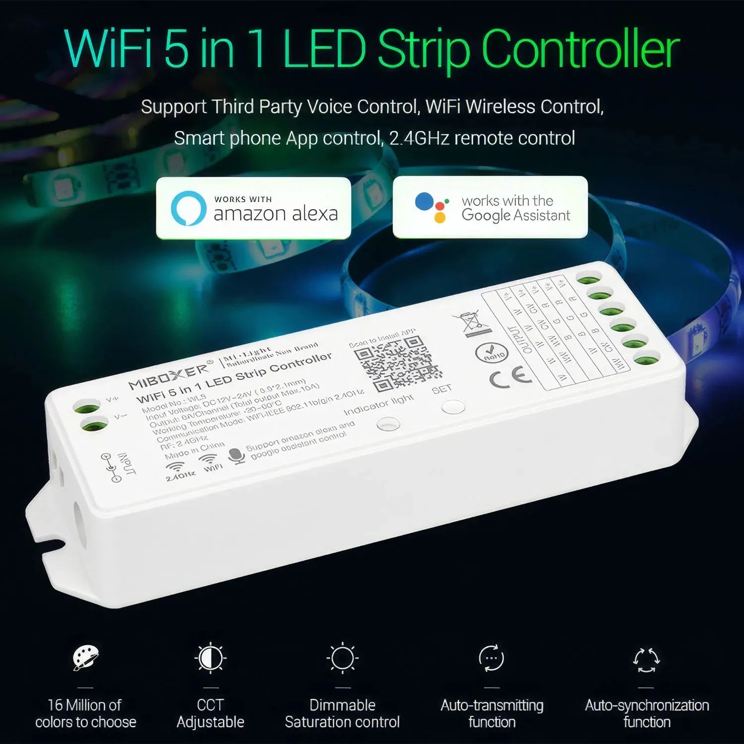 White rectangular WiFi LED strip controller with terminal connectors and control indicators, displayed against illuminated LE