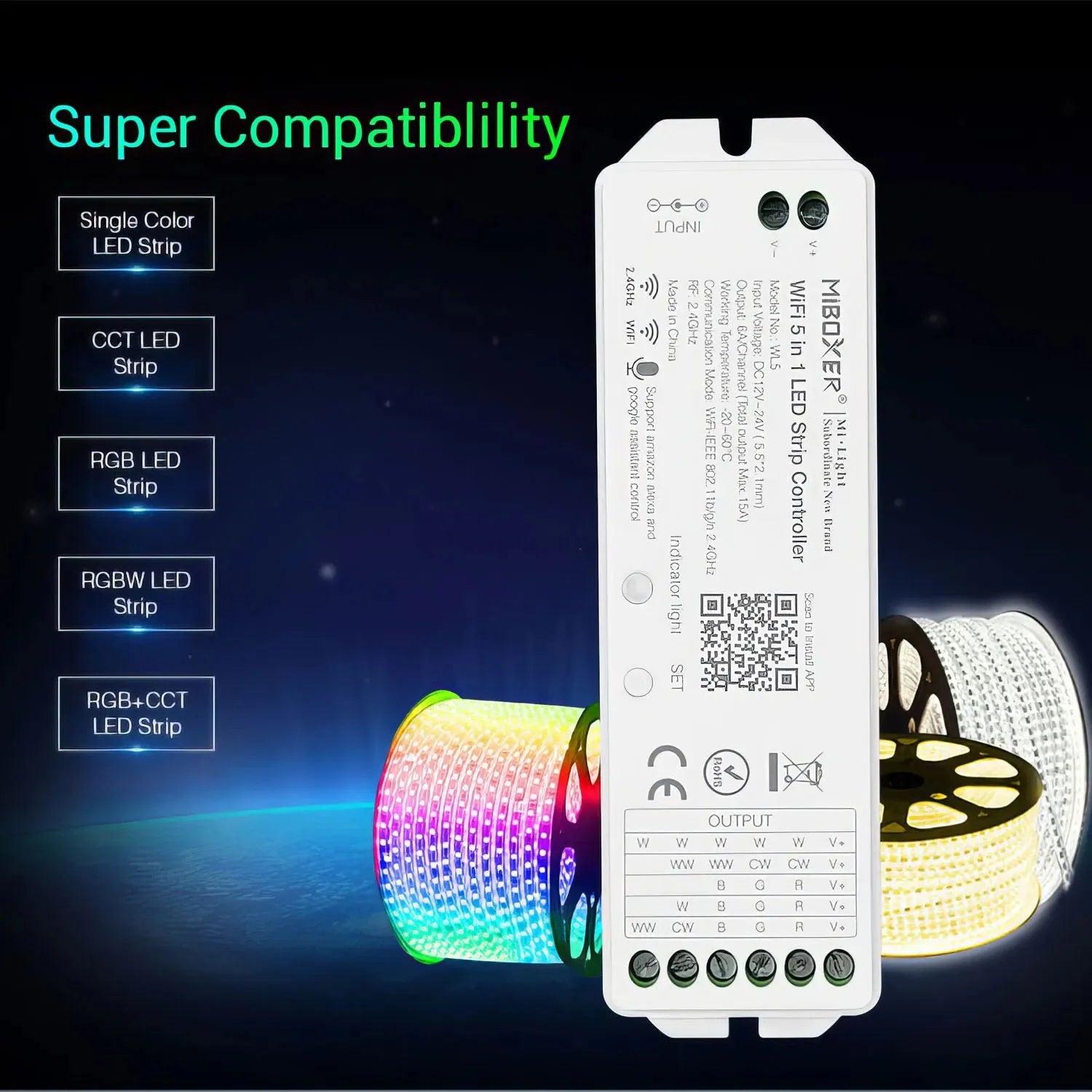 MiBoxer WL5 WiFi LED strip controller with compatibility list showing single color, CCT, RGB, RGBW, and RGB+CCT strip support