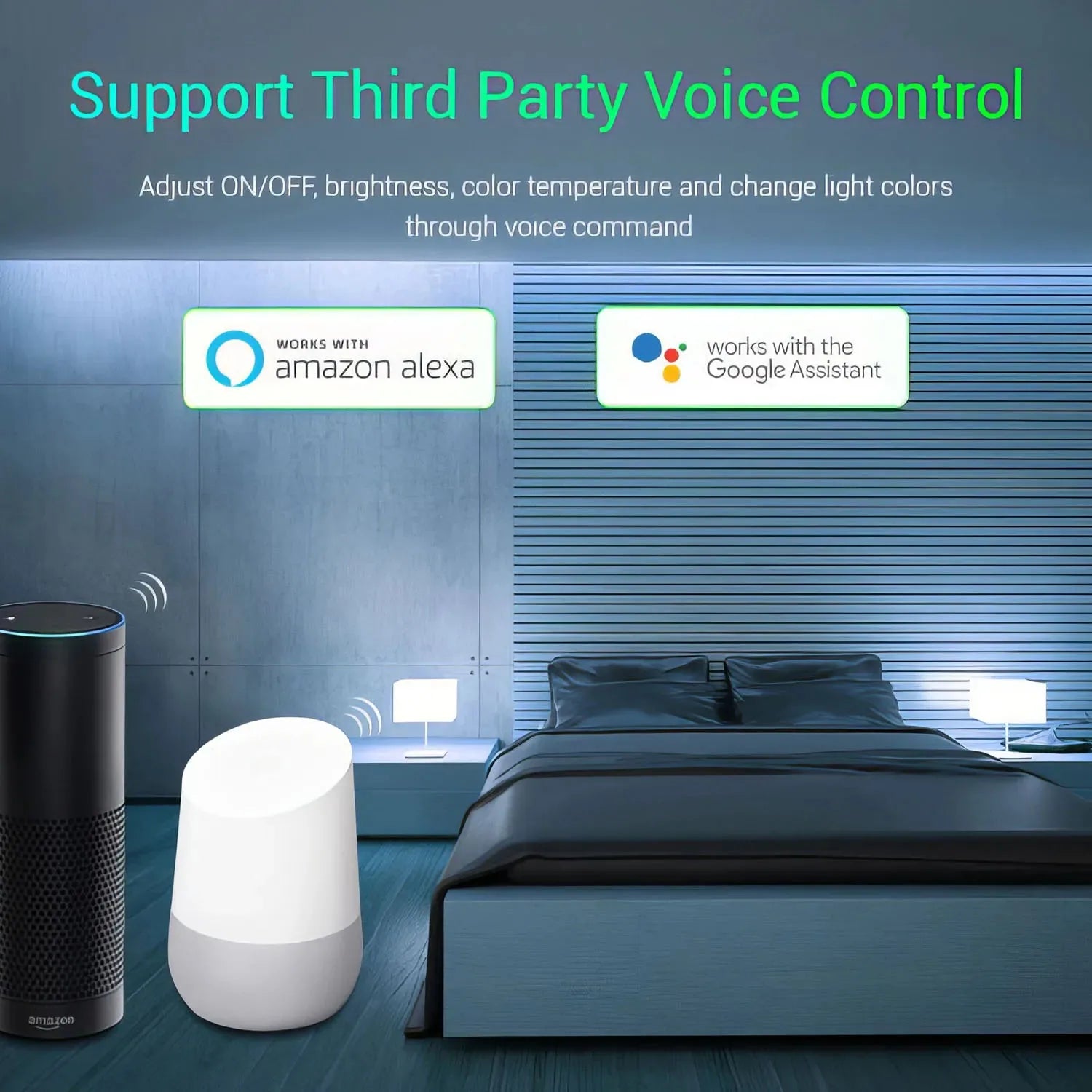 Bedroom scene showing Amazon Alexa speaker and Google Assistant device with white smart lamp, demonstrating voice control com