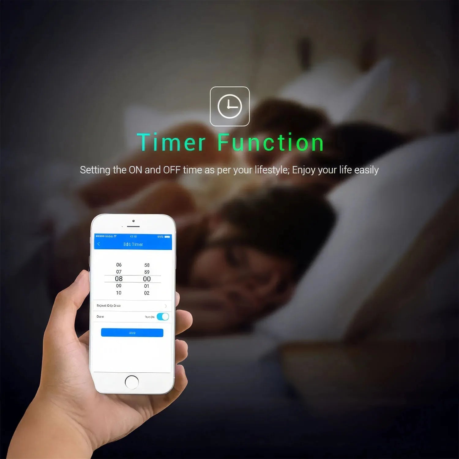 Hand holding white smartphone displaying timer function app with ON/OFF scheduling interface and blue controls, bedroom backg