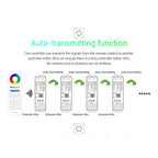 Diagram showing auto-transmitting function of LED strip controllers, displaying signal relay between remote and multiple cont
