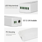 MiBoxer WL5 LED Strip Controller showing 6-channel terminal connectors, DC 12-24V power input, and white polycarbonate housin