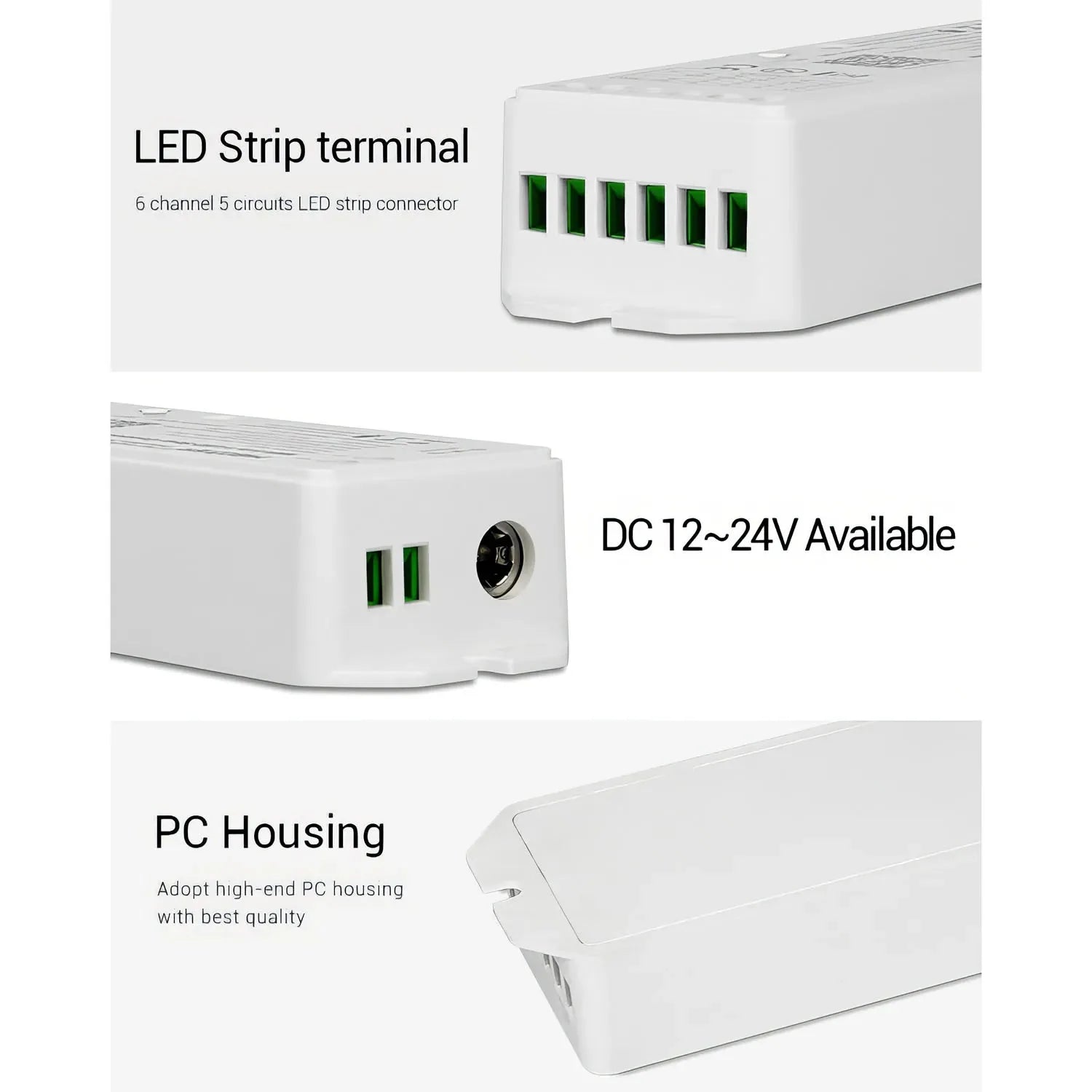 MiBoxer WL5 LED Strip Controller showing 6-channel terminal connectors, DC 12-24V power input, and white polycarbonate housin
