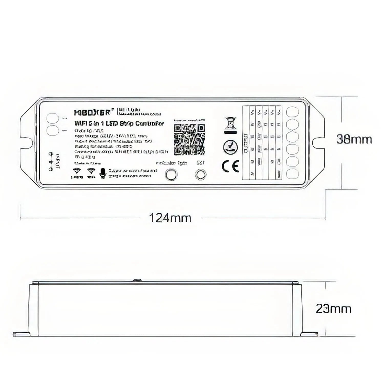 MiBoxer WL5 WiFi LED strip controller dimensions and specifications diagram, 124mm by 38mm top view and 23mm side profile.