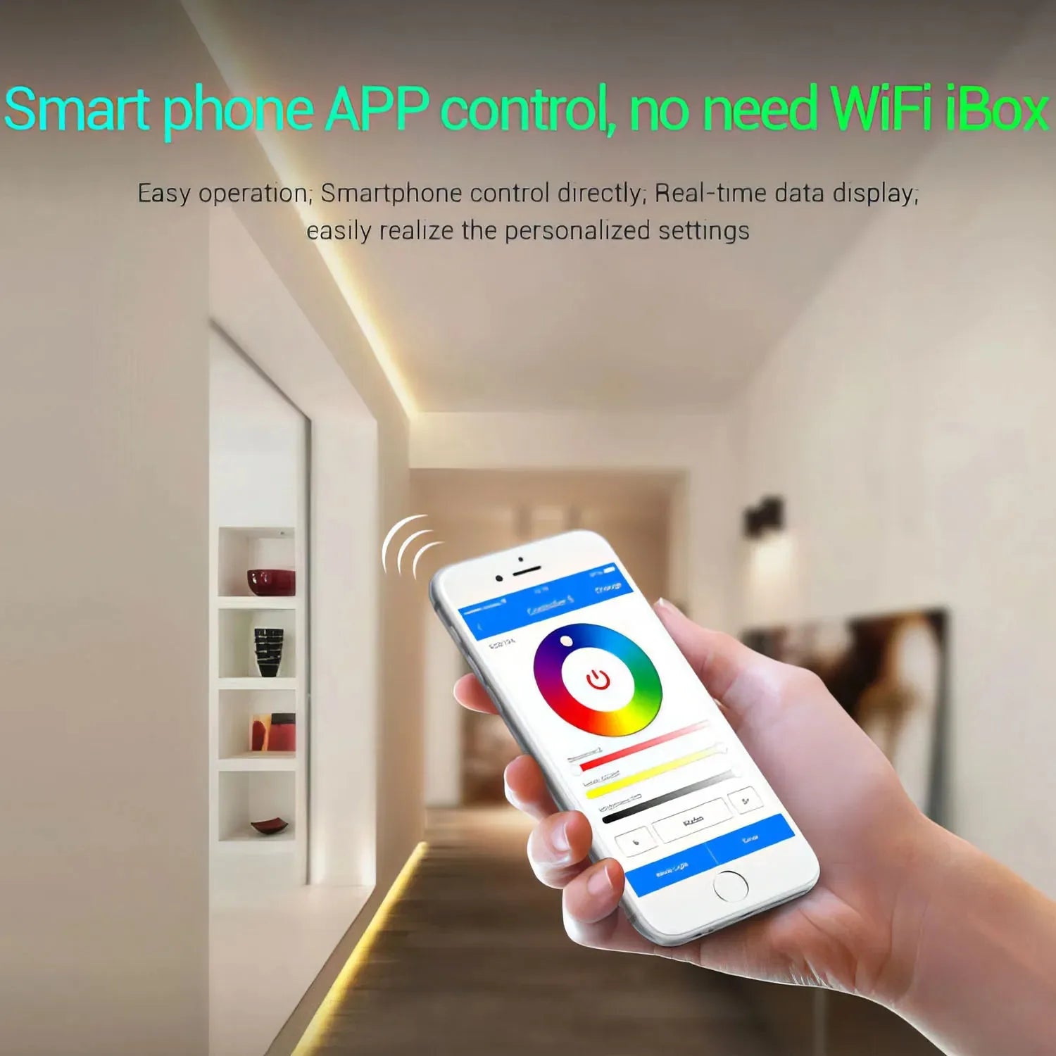 Hand holding white smartphone displaying colorful RGB light control app interface in modern hallway with LED strip lighting.