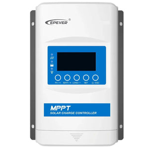 Epever XTRA2210N MPPT solar charge controller with white casing, blue display screen, and five control buttons, mounted on wa