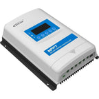 White and blue Epever MPPT solar charge controller with digital display, control buttons, and terminal connectors mounted on 