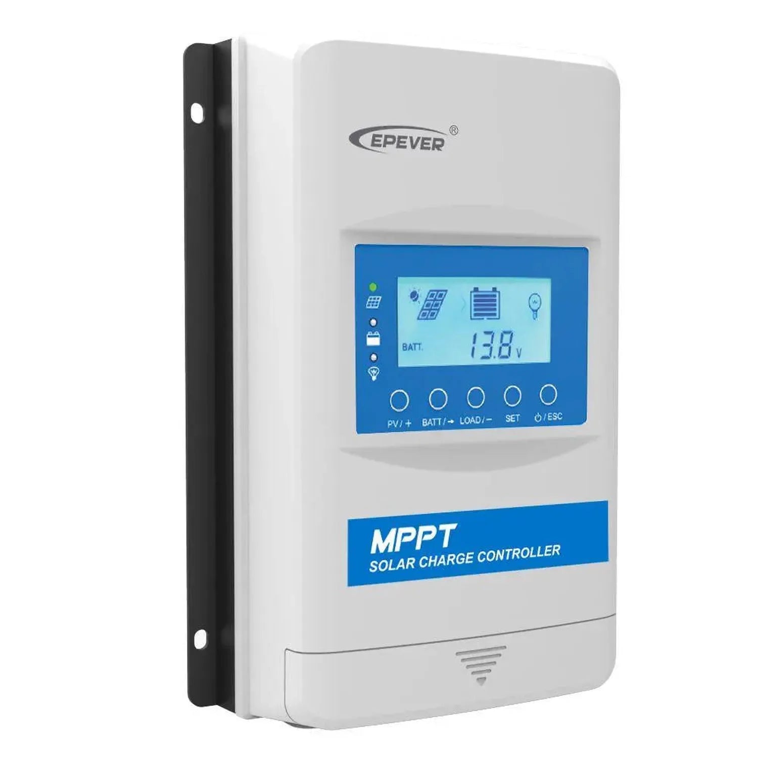 Epever XTRA2210N MPPT solar charge controller with blue LCD display showing 13.8V battery voltage, control buttons, and mount