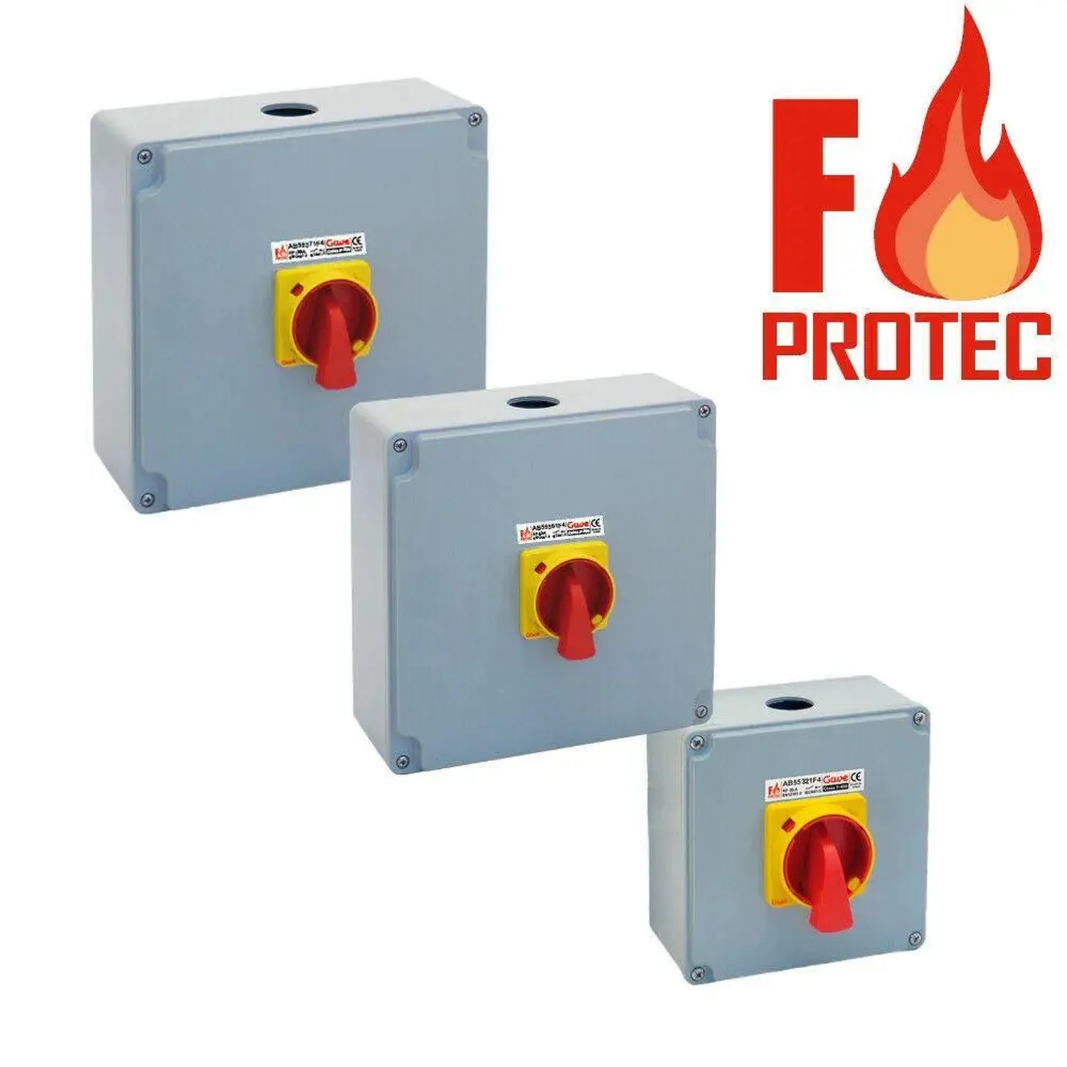 Three fire-rated AC switch disconnectors in gray enclosures with red rotary handles and yellow backgrounds, shown in descendi