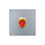 Gray metal panel-mounted electrical disconnect switch with red rotary handle and yellow GAVE manufacturer label, front view.