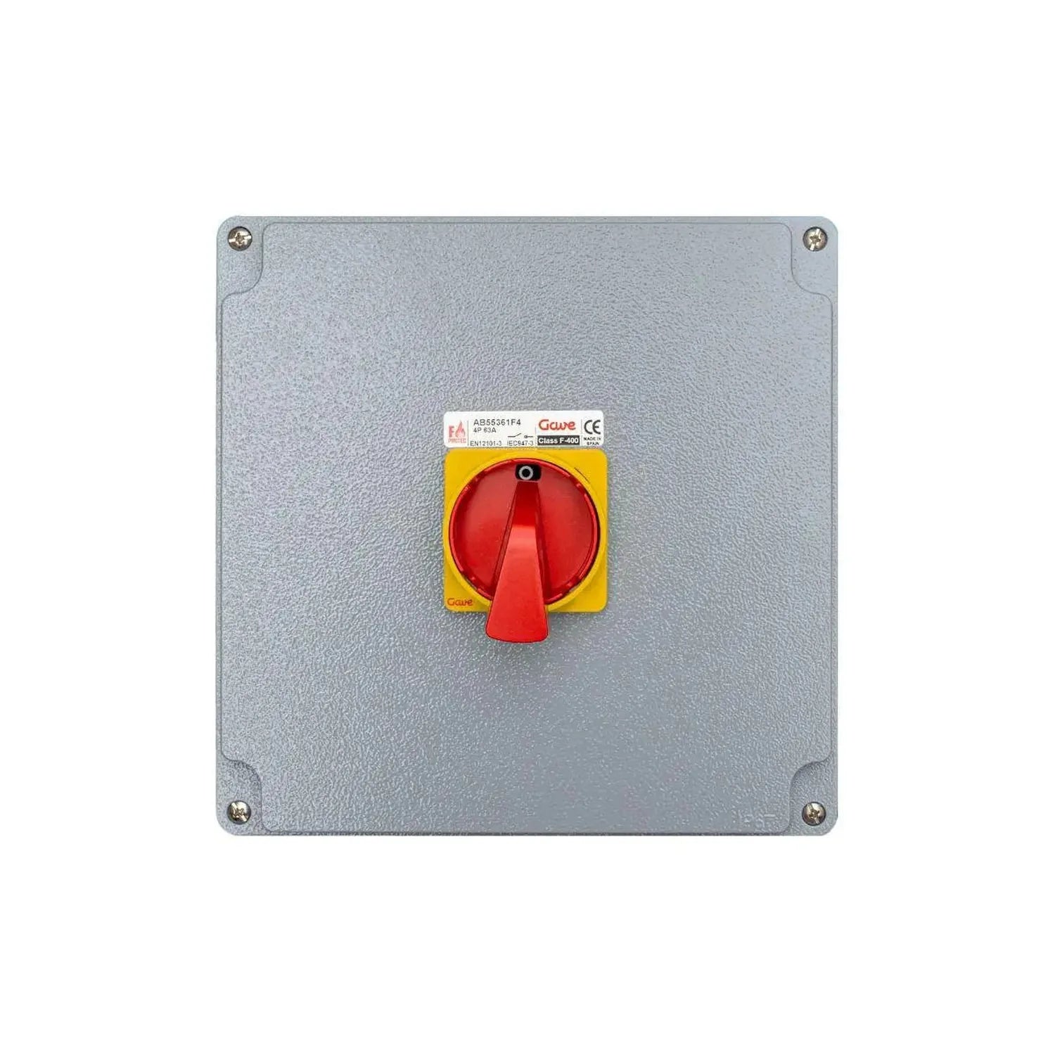Gray metal panel-mounted electrical disconnect switch with red rotary handle and yellow GAVE manufacturer label, front view.