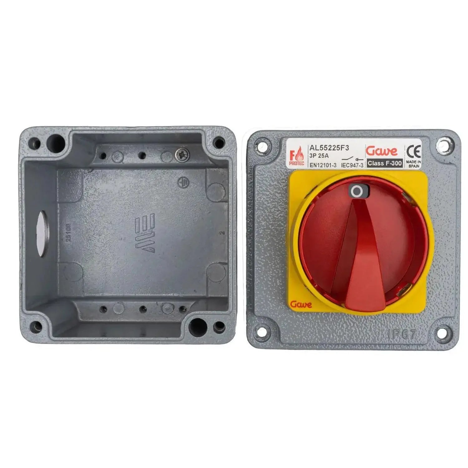 Front and back views of a Gawé 25A fire-rated switch disconnector with red handle and yellow surround on gray metal housing.