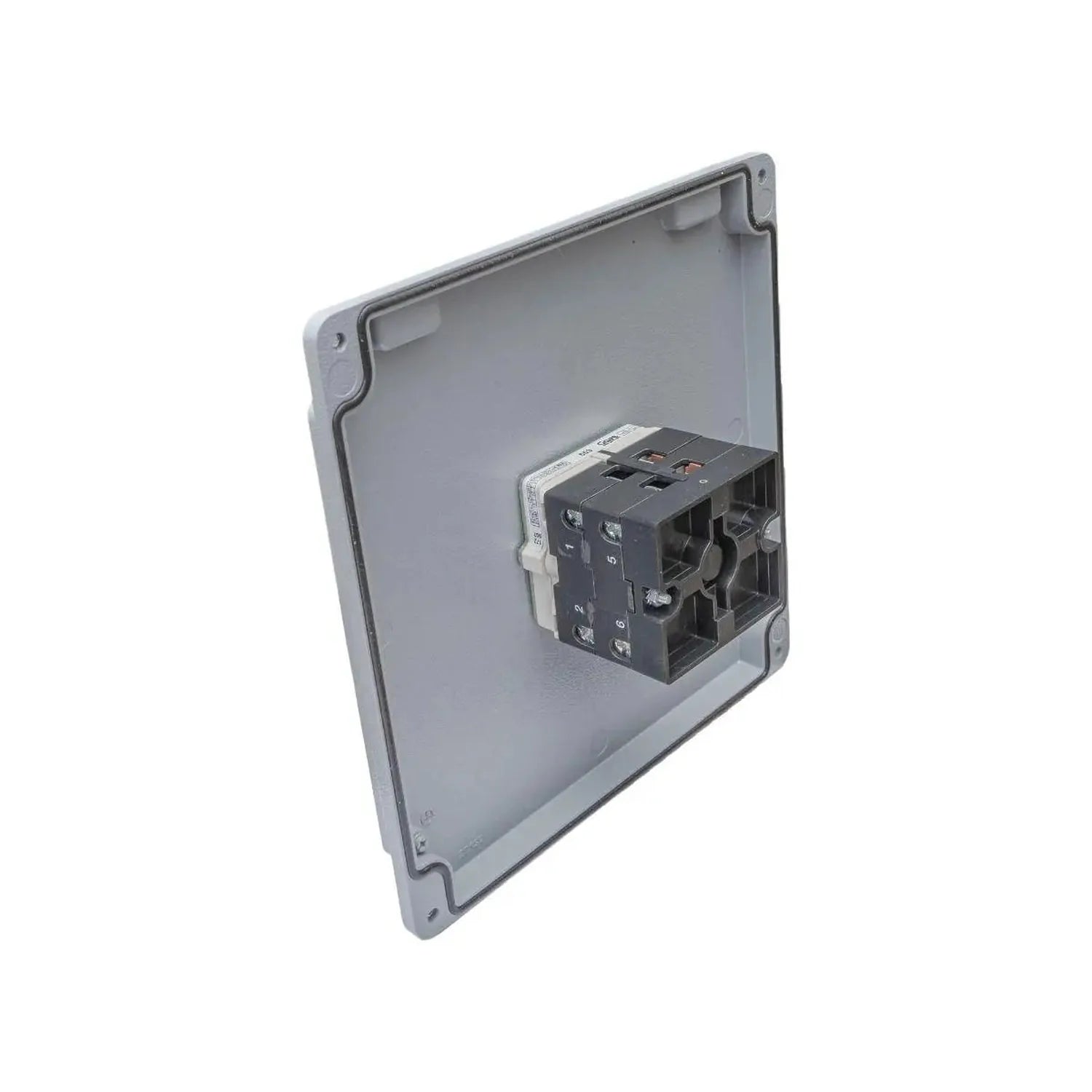 Fire-rated AC switch disconnector mounted in gray enclosure with black terminal block and wiring connections visible.